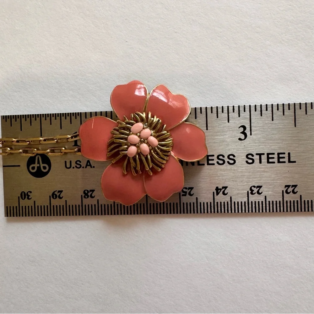 J.Crew Coral Pink Enamel Flower Pendant Necklace Gold Tone 26” - Picture 9 of 12